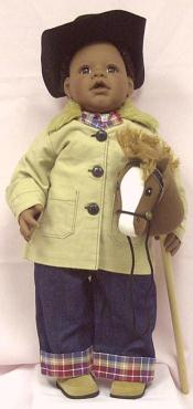 The "Sunset Rider' doll is a 24 inch tall limited edition collectible from Lee Middleton. He comes with his little stick horse to play ride like a cowboy, he is outfitted with a felt cowboy hat and faux suede boots.
